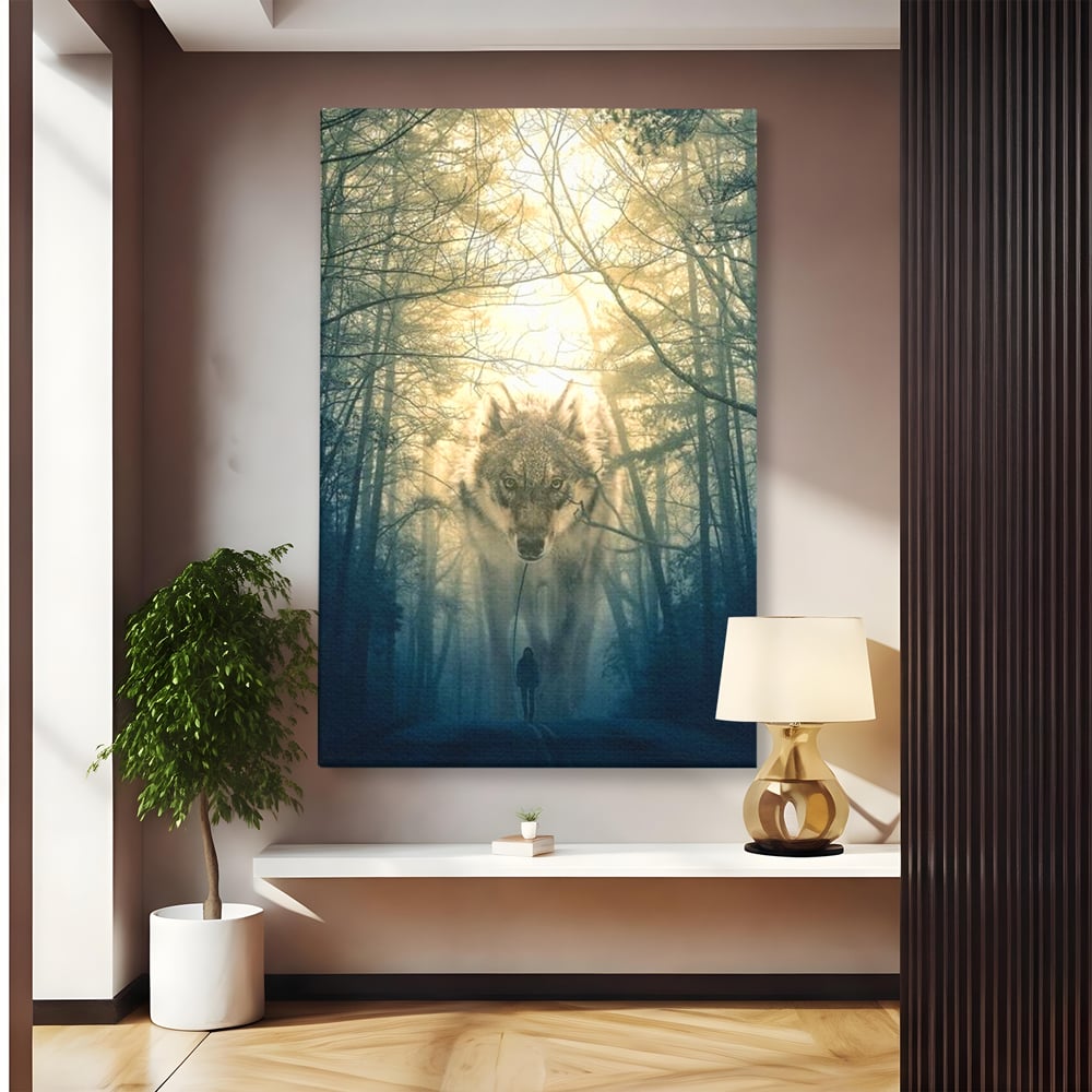 Tablou canvas cu ilustratie digitala cu un lup gigant si o silueta umana, fara rama, pe sasiu de lemn